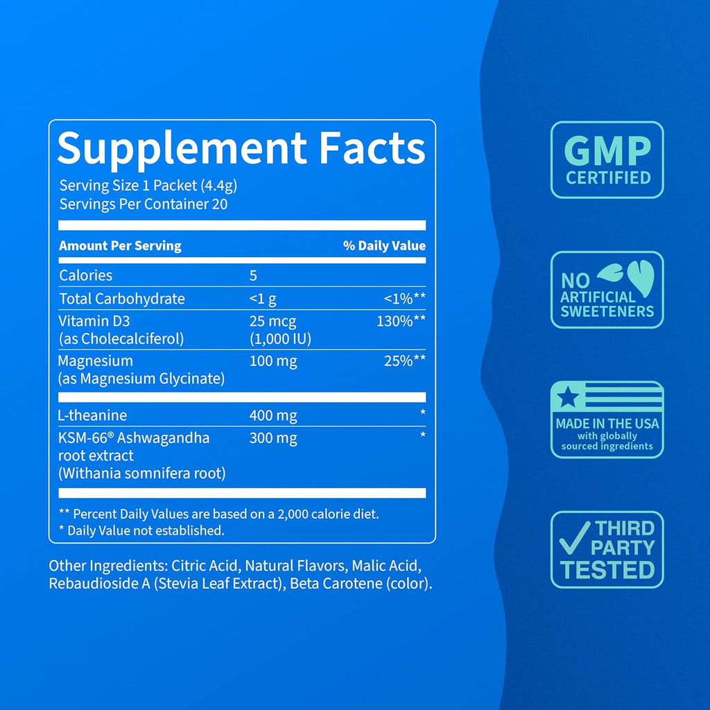 Supercalm Powdered Drink Mix, Tropical Tangerine, L Theanine, Ksm-66 Ashwagandha, Magnesium Glycinate, Vitamin D 3, Supplements for Relaxation & Focus, Natural, No Sugar, Non GMO, 20 Srvg