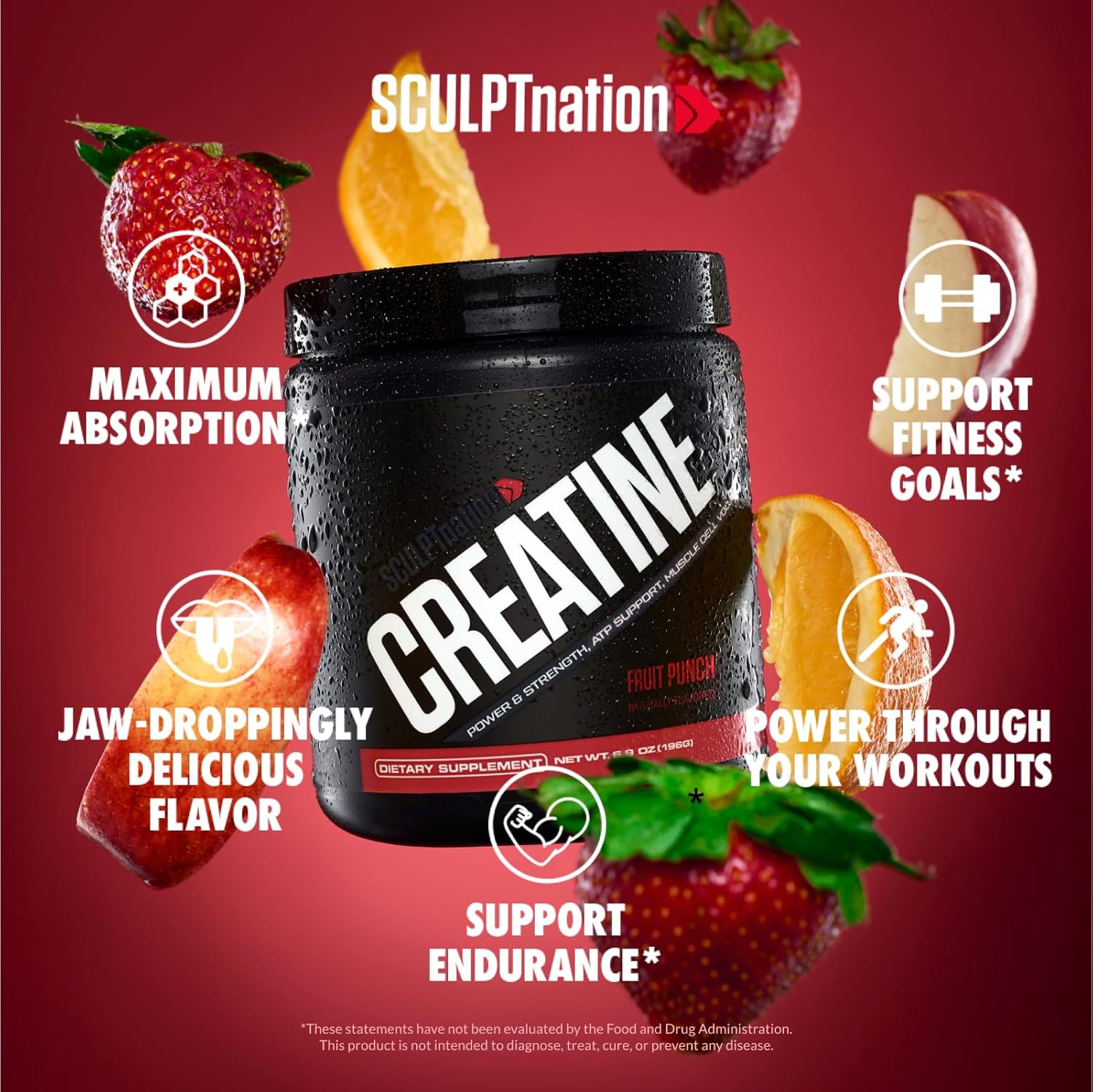 Sculpt Nation by V Shred Creatine - Premium Creatine Monohydrate Powder to Support Muscles, Energy, and Brain Function, Fruit Punch Flavored Creatine - 30 Servings