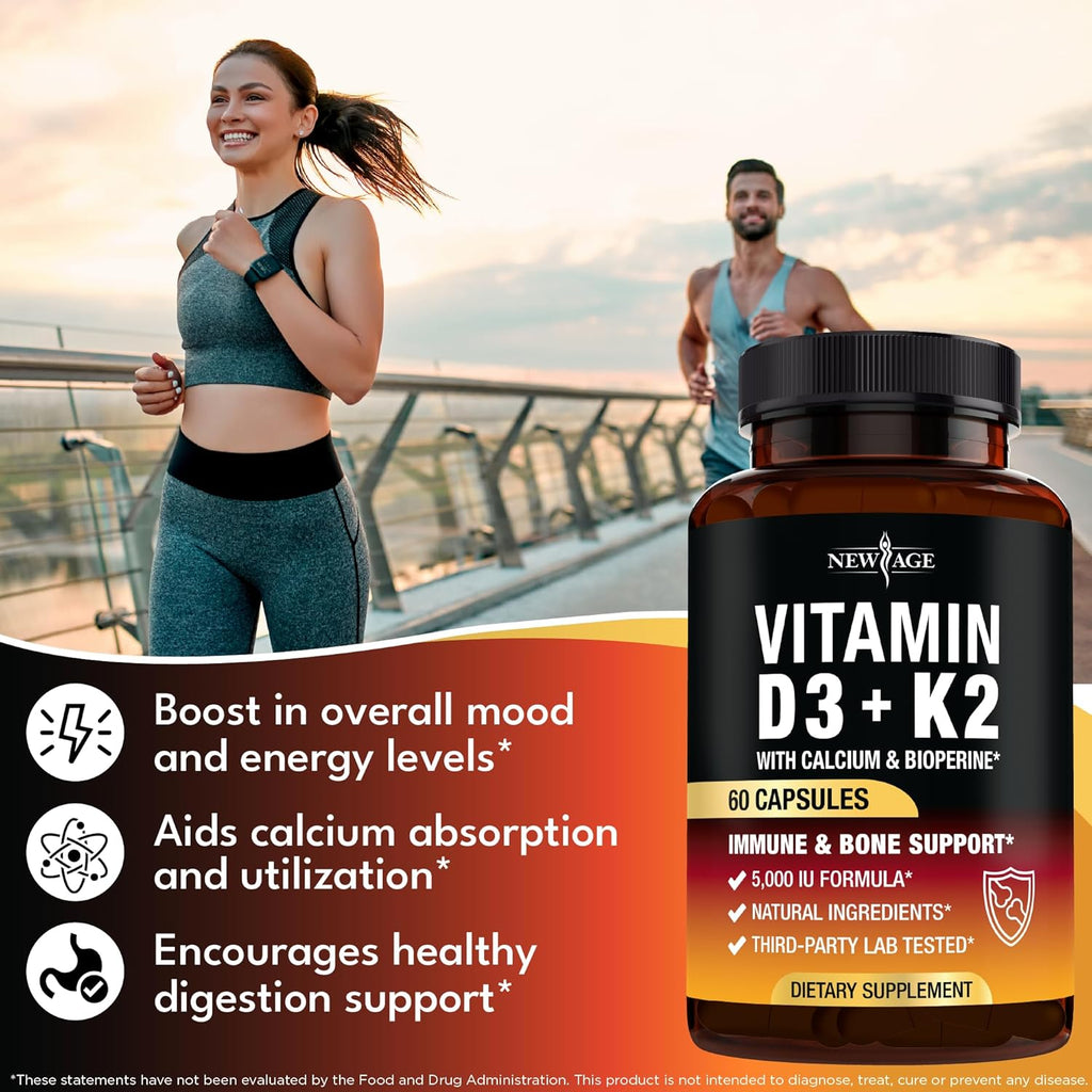 Vitamin D3 5,000 IU + K2 MK-7 100 mcg - 2-in-1 Bone, Immune & Heart Support, Easy to Swallow, Non-GMO - 60 Capsules