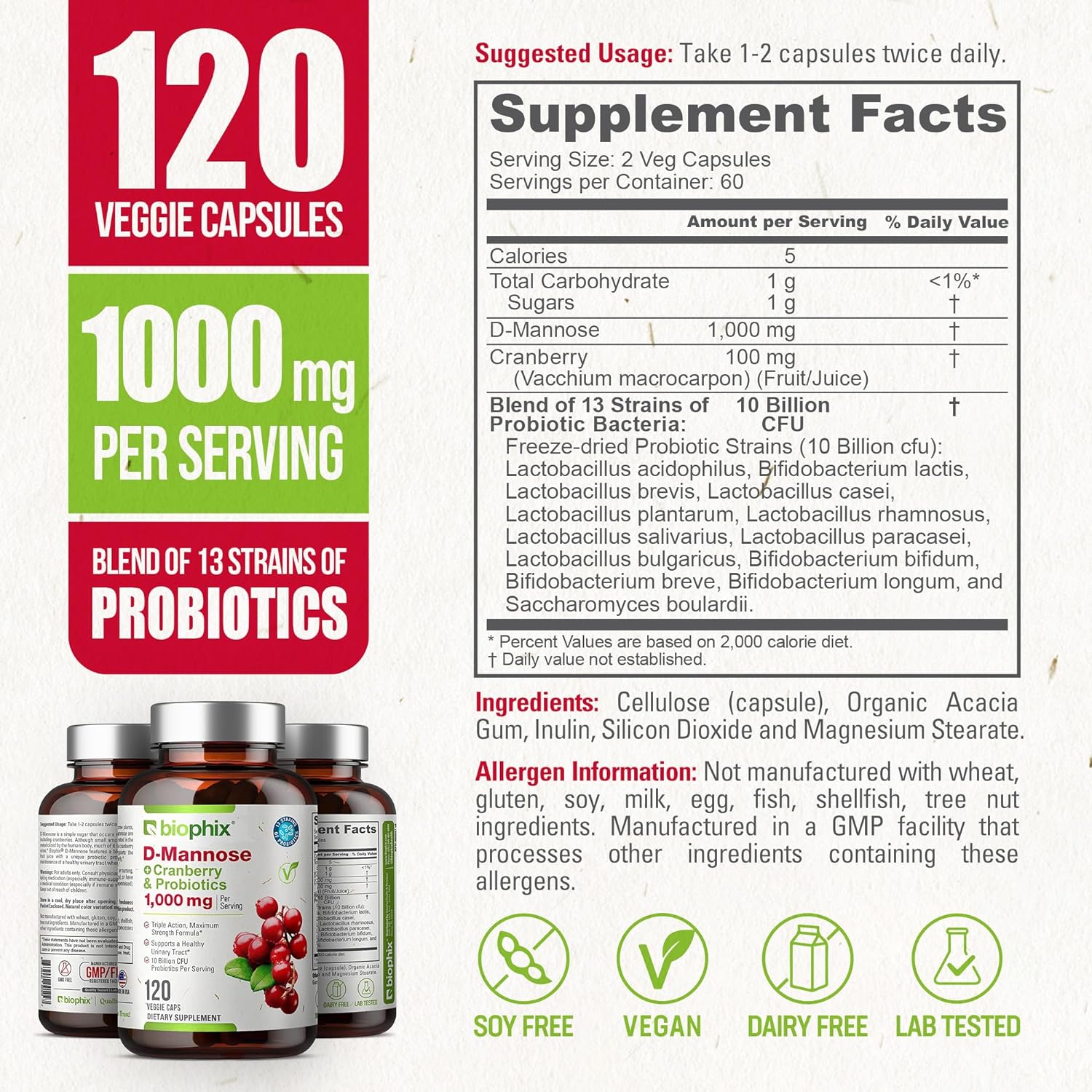 biophix D-Mannose 1000mg Capsules with Cranberry & Probiotics - D Mannose Supplements for Women - D-Mannose Pills for Urinary Tract & Bladder Health Support - Digestive Well-Being - 120 Vcaps 2 Pack