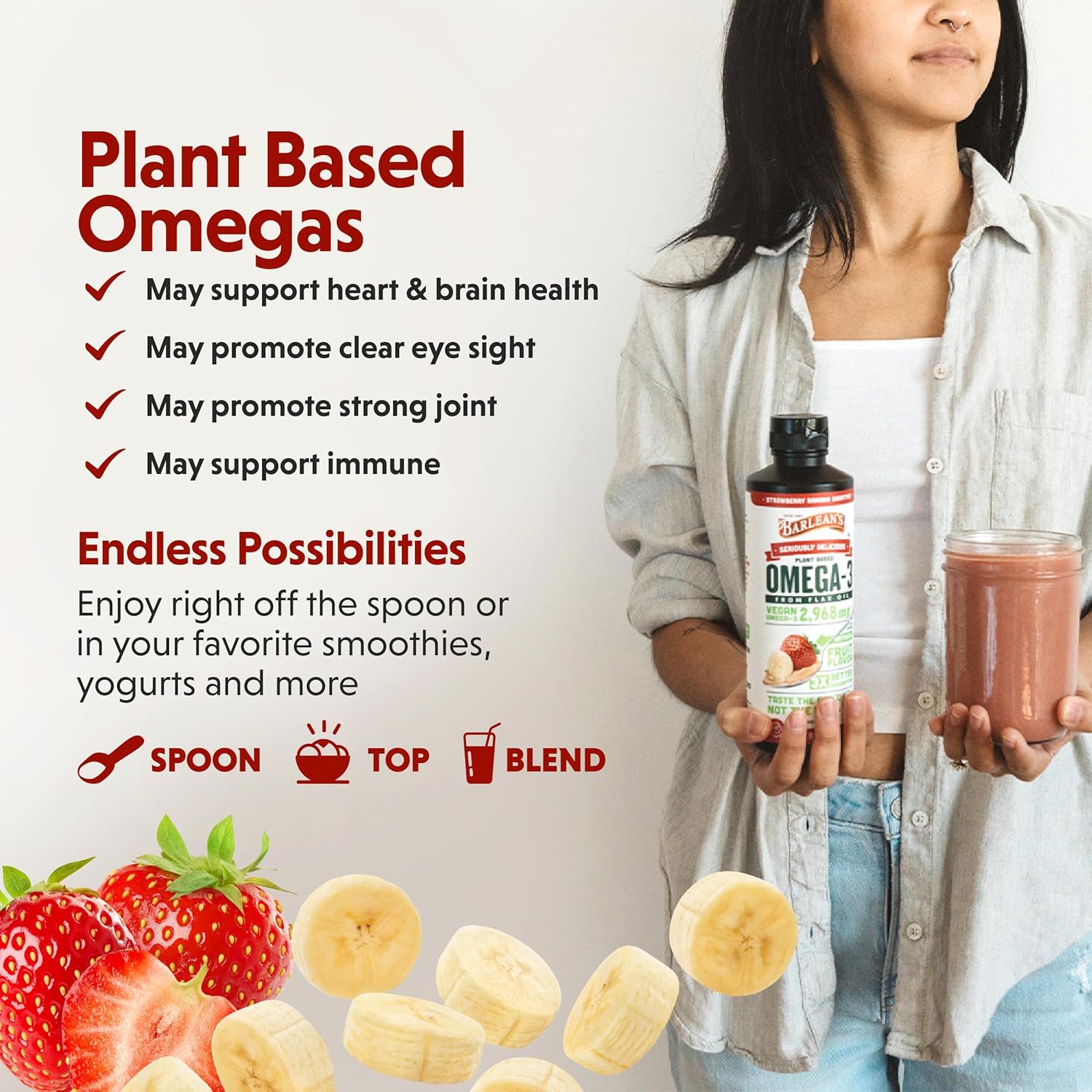Barlean's Strawberry Banana Flaxseed Oil Liquid, Vegan Omega 3 6 9 Supplements for Kids & Adults from Cold Pressed Flax Seed Oil with 2,968 mg of Vegan Omegas, Non-GMO & Gluten Free, 8 oz
