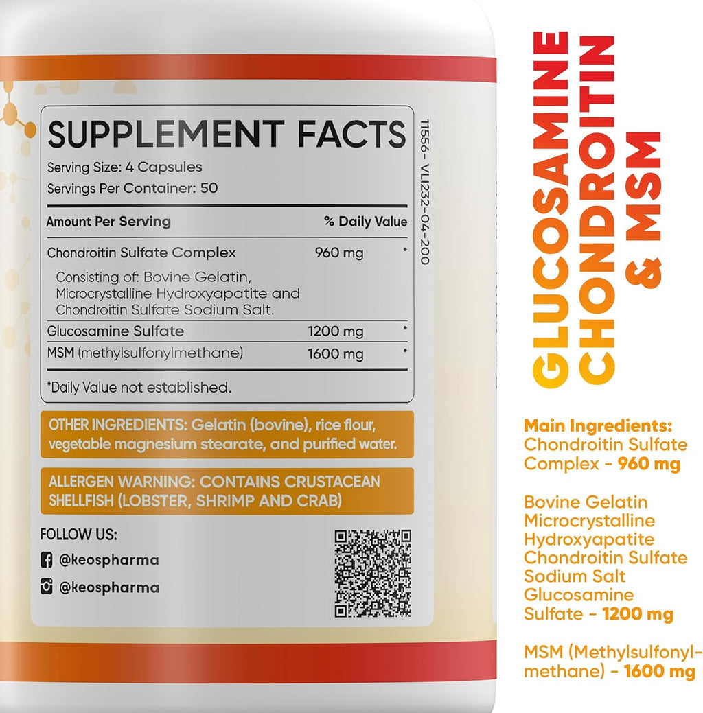 MSM Glucosamine Chondroitin MSM Capsules 200x pcs Joint Support Supplement 50 Days Supply - Chondroitin & Glucosamine Nutritional Supplements Convenient Dosage Triple Strength Formula