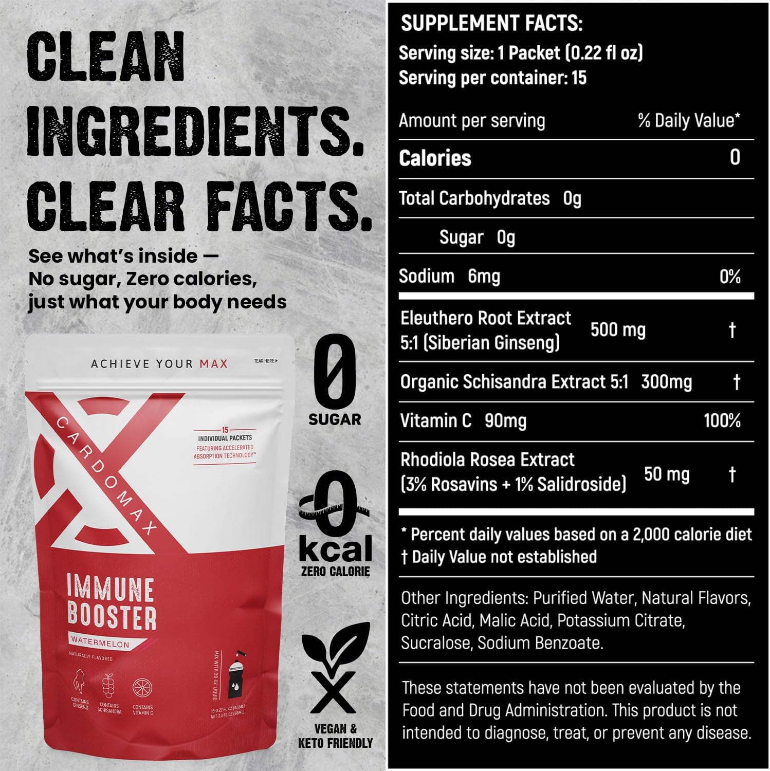 CardoMax Immunity Booster Liquid Drink Mix with Ginseng and Vitamin C for Kids and Adults, Immune Support Supplement for Energy and Wellness, Watermelon Flavor, 15 Single-Serve Liquid Stick Packs