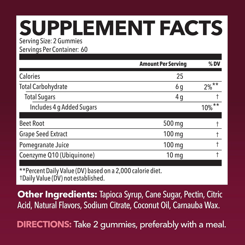 Beet Root Gummies with COQ10 & Pomegranate - Nitric Oxide Supplement for Men and Women - Beetroot for Endurance, Performance, Recovery - Vegan, Non-GMO, Gluten Free - Mixed Berry Flavor, 120 Count