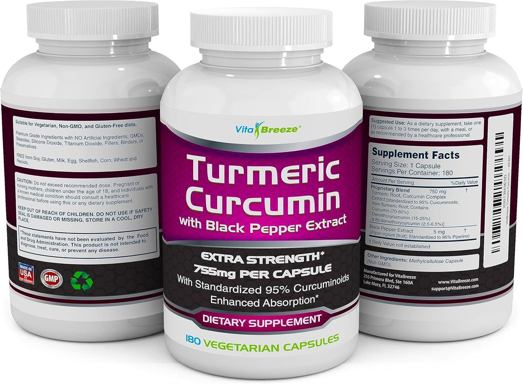 Turmeric Curcumin Complex with Black Pepper Extract - 755mg per Capsule, 180 Veg. Caps - Contains Piperine (for Superior Absorption and Tumeric Bio-Availability) and 95% Standardized Curcuminoids