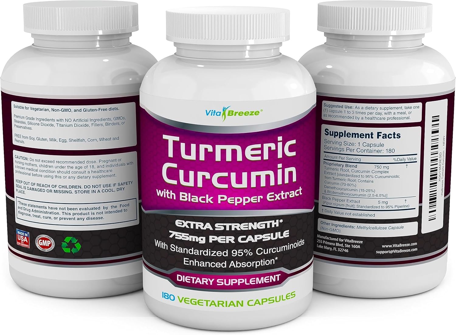 Turmeric Curcumin Complex with Black Pepper Extract - 755mg per Capsule, 180 Veg. Caps - Contains Piperine (for Superior Absorption and Tumeric Bio-Availability) and 95% Standardized Curcuminoids