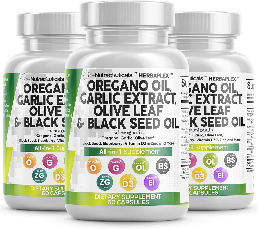 Clean Nutraceuticals Oregano Oil Garlic Extract Olive Leaf Black Seed Oil - Immune Support & Digestive Health Supplement for Women and Men with Vitamin D3 & Zinc - 3Pack