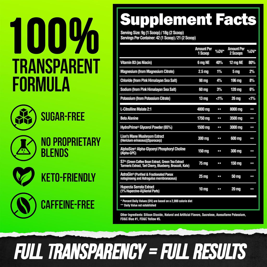 ALPHA LION Superhuman Pump Pre Workout Powder, Nootropic Caffeine & Stim Free Preworkout Supplement, Nitric Oxide Booster, Muscle Gainer, Energy & Focus (42 Servings, Sour Gummy Bear)