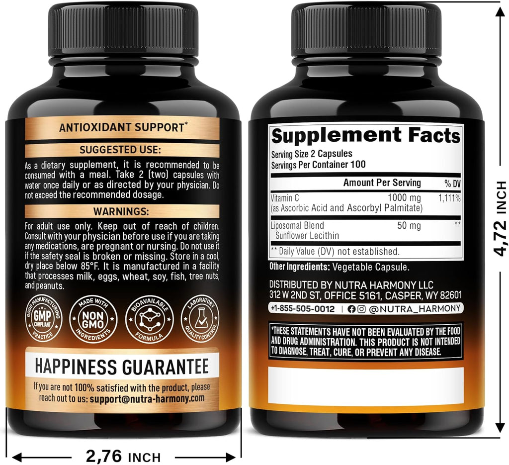 Liposomal Vitamin C 1000mg - High Absorption & Gentle On Stomach - Antioxidant, Energy Boost & Immune Support - Vitamin C Supplement - NON-GMO & SOY-Free - Made in USA - 200 Capsules, 100 Day Supply