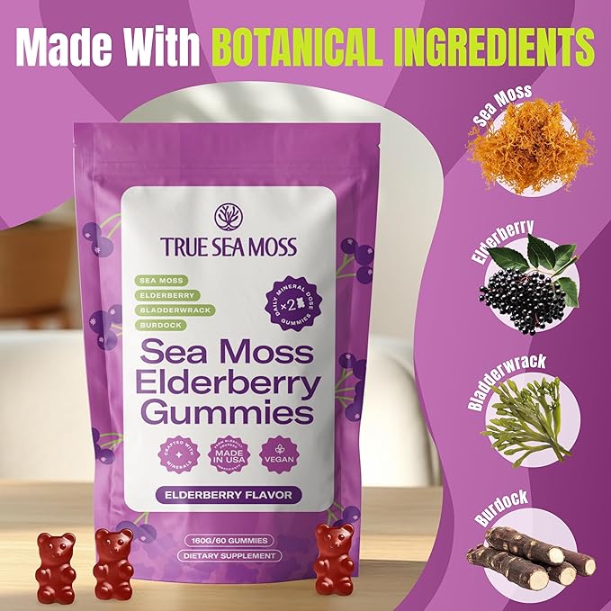 TrueSeaMoss Sea Moss Elderberry Gummies for Adults & Kids – with Burdock Root, Bladderwrack & Magnesium – 60 Gummies (Pouch May Vary)