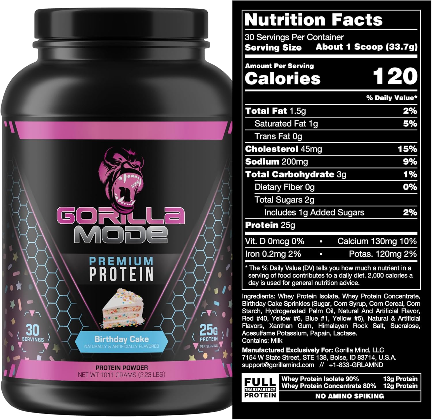 Gorilla Mind Premium Whey Protein - Birthday Cake, 25 Grams of Whey Protein Isolate & Concentrate,Recover and Build Muscle (30 Servings)
