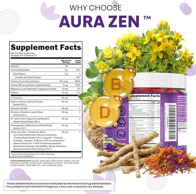 AuraZen Mood Support Saffron Gummies L-Theanine Ashwagandha Rhodiola St John's Wort Lions Mane GABA Vitamin D Magnesium Supplement | Calm Vegan Plant-Based Herbal Gummy by Clean Nutra
