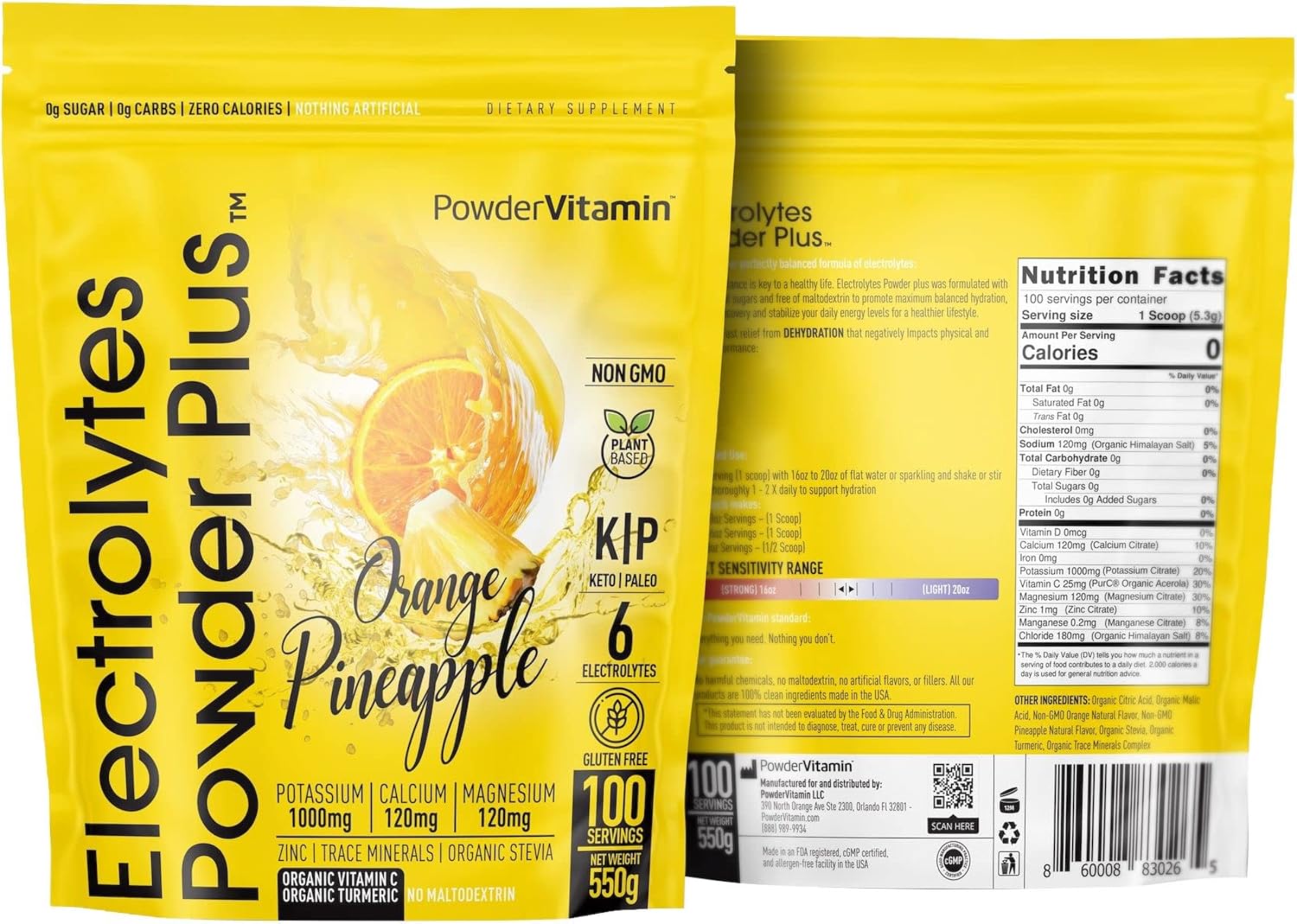 PowderVitamin Electrolytes Powder Plus (100 Servings) Orange Pineapple Electrolyte Powder Zero Calorie, Keto, 0 Sugar, No Maltodextrin,1000mg Potassium,120mg Calcium,120mg Magnesium, Hydration Powder