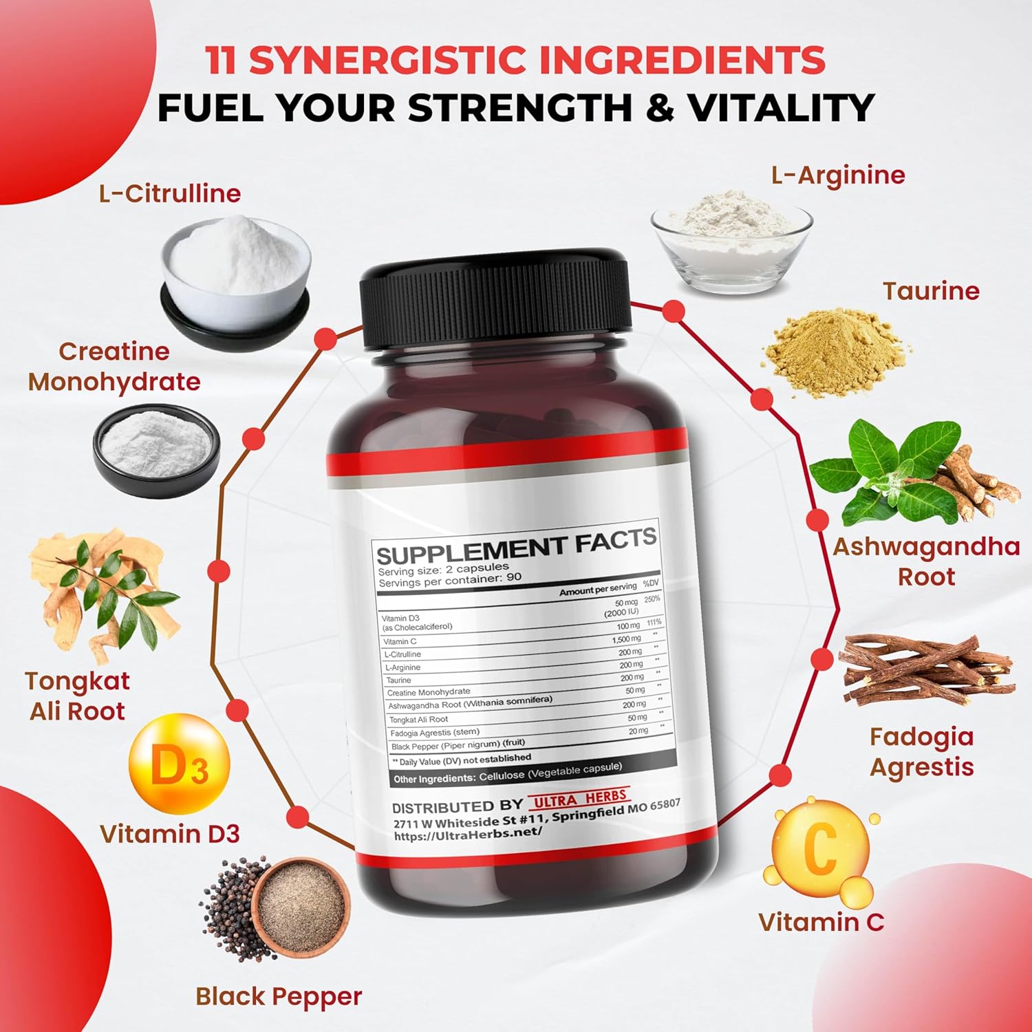 L-Citrulline Supplement Capsules Enriched with L-Arginine, Taurine, Creatine, Tongkat Ali, Fadogia Agrestis | Ultra Nitric Oxide Booster for Muscle Endurance, Stamina & Recovery | 180 Capsules