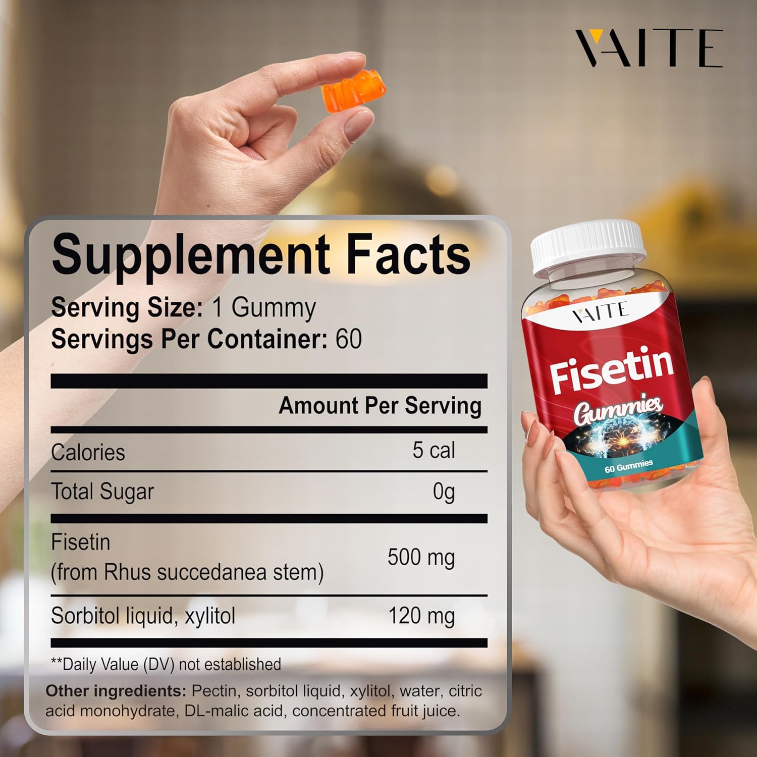 Fisetin Supplements 500mg - Gummy Supplement, Powerful Antioxidant Blend for Cellular Health Support - Vegan & Non-GMO Formula with Flavonoids & Plant Extracts, Boost Cognitive Function, 60 Gummies