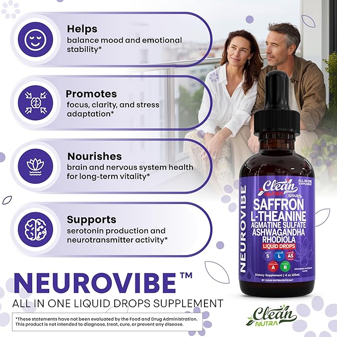 Saffron Supplements Liquid Drops L-Theanine Agmatine Sulfate Ashwagandha Magnesium Glycinate B6 Magnesium Stress Relief Mood Support 5-HTP GABA Supplement Vitamin D 4oz by Clean Nutra