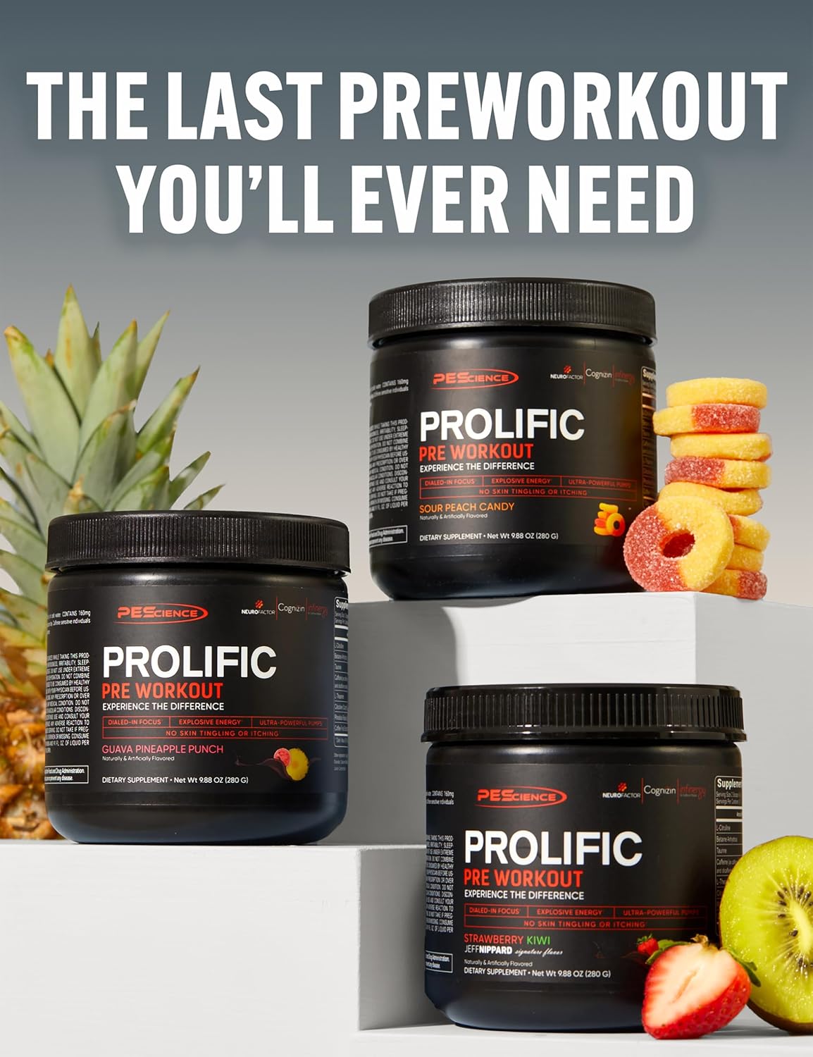 PEScience Prolific Pre Workout Powder for Men & Women with L-Citrulline Nitric Oxide Booster, Energy Powder & Nootropic for Focus – Preworkout Without Beta Alanine – 40 Scoops, Sour Peach Candy