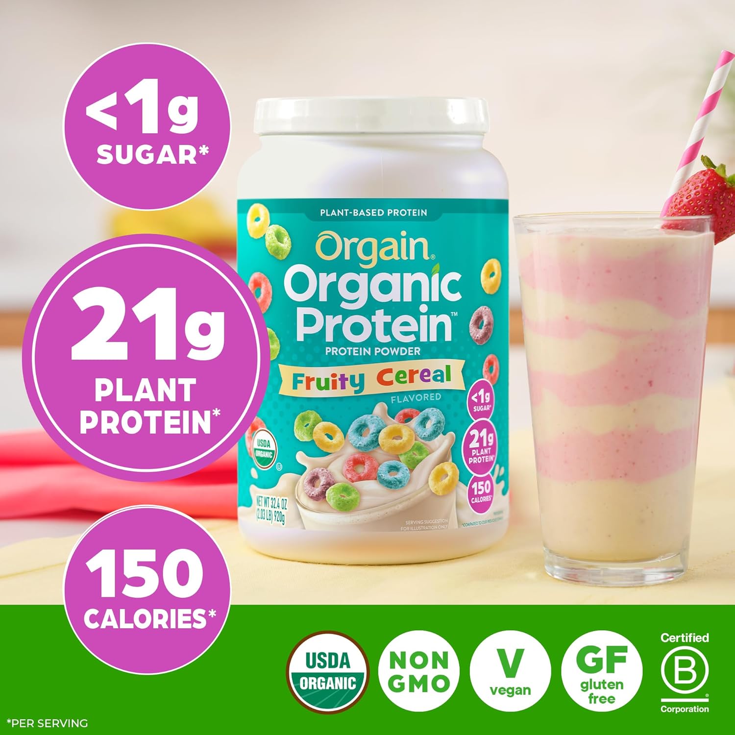 Orgain Organic Vegan Protein Powder, Fruity Cereal - 21g Plant Based Protein, 8g Prebiotic Fiber, Low Net Carb, No Lactose Ingredients, No Added Sugar, Non-GMO, For Shakes & Smoothies, 2.03 lb