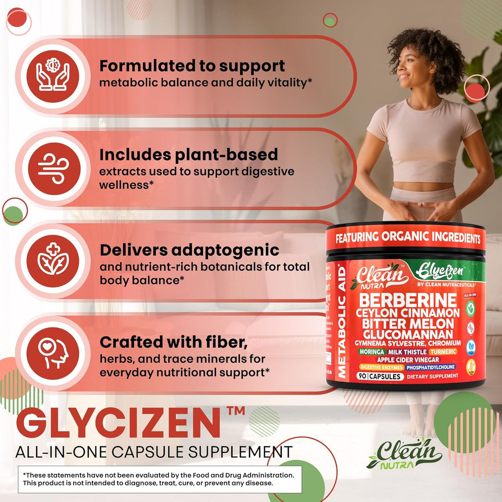 Clean Nutra Berberine Ceylon Cinnamon Bitter Melon Glucomannan Gymnema Sylvestre Chromium Moringa Milk Thistle Turmeric Apple Cider Vinegar Digestive Enzymes Inositol Supplement 90 Capsules