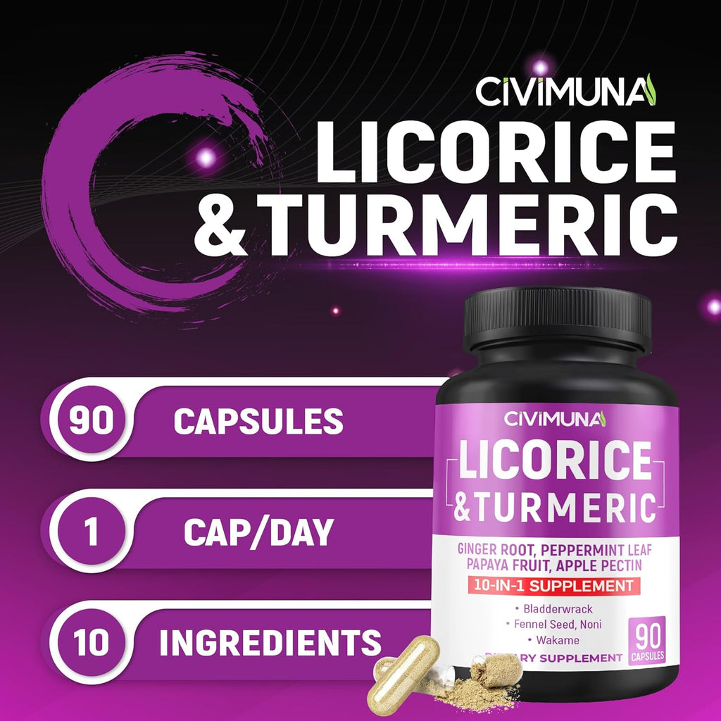 Licorice Capsules with Licorice, Turmeric Root, Ginger Root, Peppermint Leaf, Papaya Fruit- 3 Months Supply