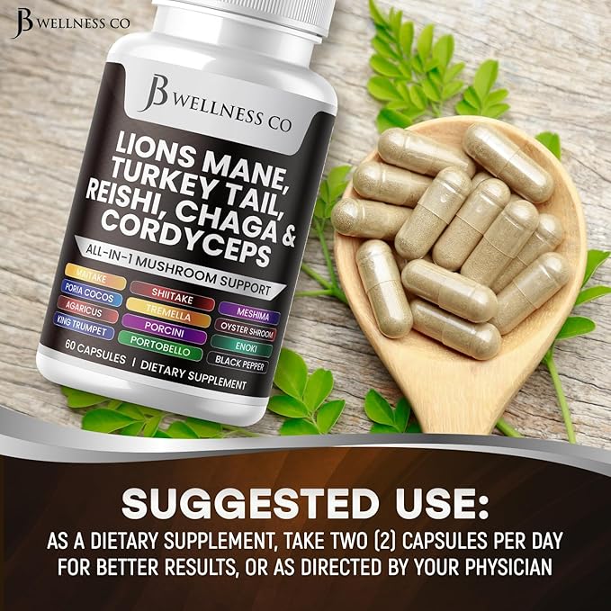 Lions Mane Supplement Cognitive Support, Immune Health with Turkey Tail 20in1 Mushroom Reishi Cordyceps Chaga with Marshmallow Root - 120 Count