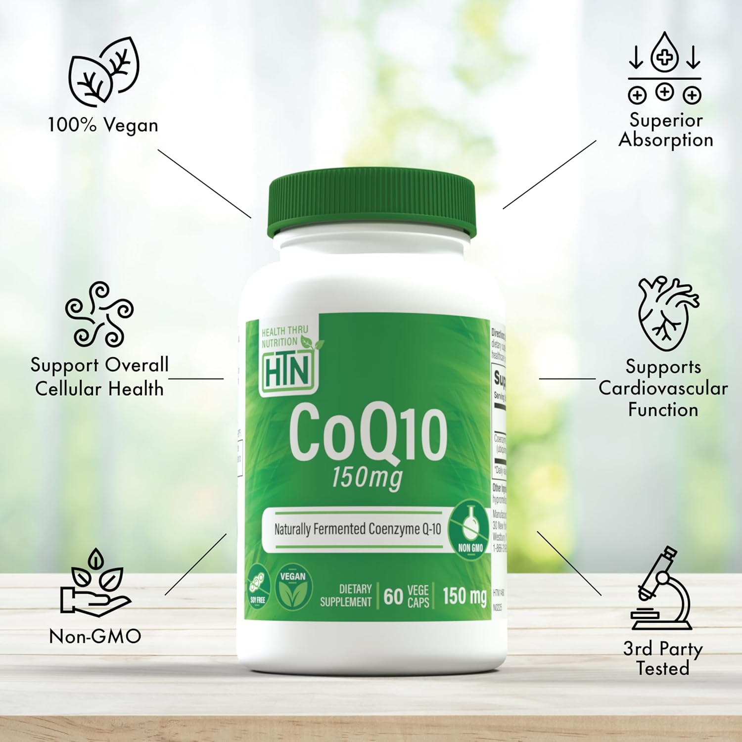 Health Thru Nutrition CoQ-10 150mg - 60 Capsules | Ubiquinone Coenzyme Q10 | Supports Cellular Energy & Antioxidant Protection | Non-GMO, Soy-Free, Vegan, Gluten-Free
