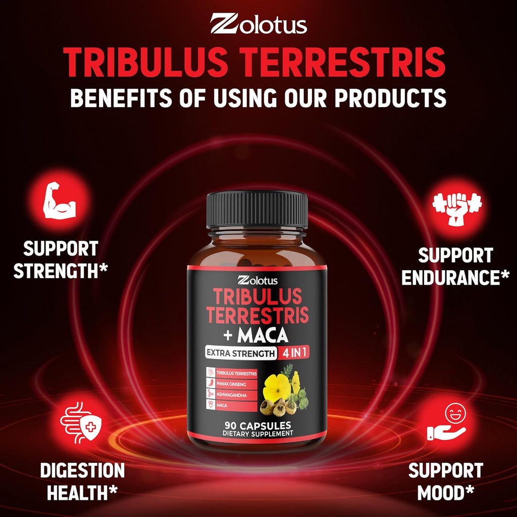 Zolotus Premium Tribulus Terrestris Capsules - Combined with Ashwagandha, Panax Ginseng & Maca - 90 Counts for 3 Months