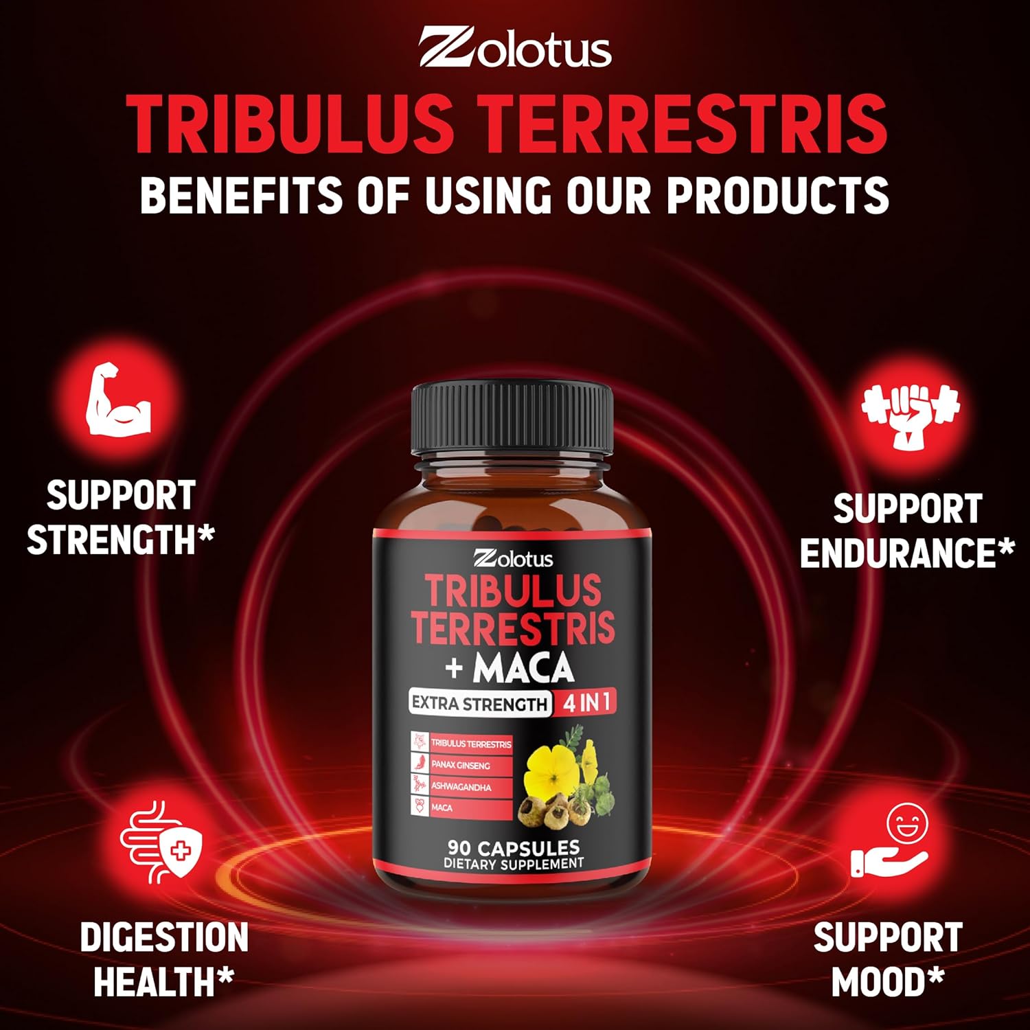 Zolotus Premium Tribulus Terrestris Capsules - Combined with Ashwagandha, Panax Ginseng & Maca - 90 Counts for 3 Months