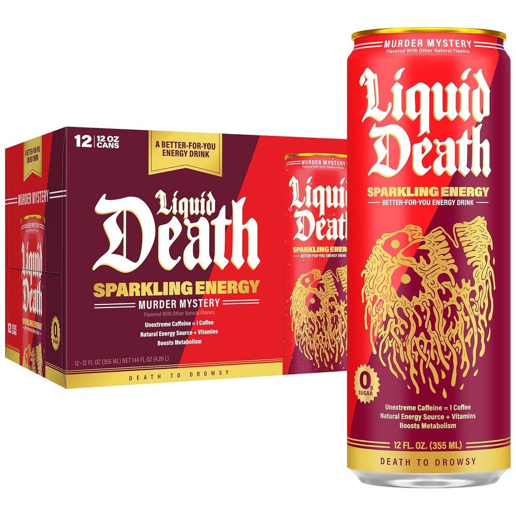 Liquid Death Sparkling Energy - Murder Mystery (Cherry Vanilla and Spice Flavor), Sugar-Free Energy Drink, Unextreme Caffeine 100mg, Essential Vitamins, 12 Fl Oz (Pack of 12)