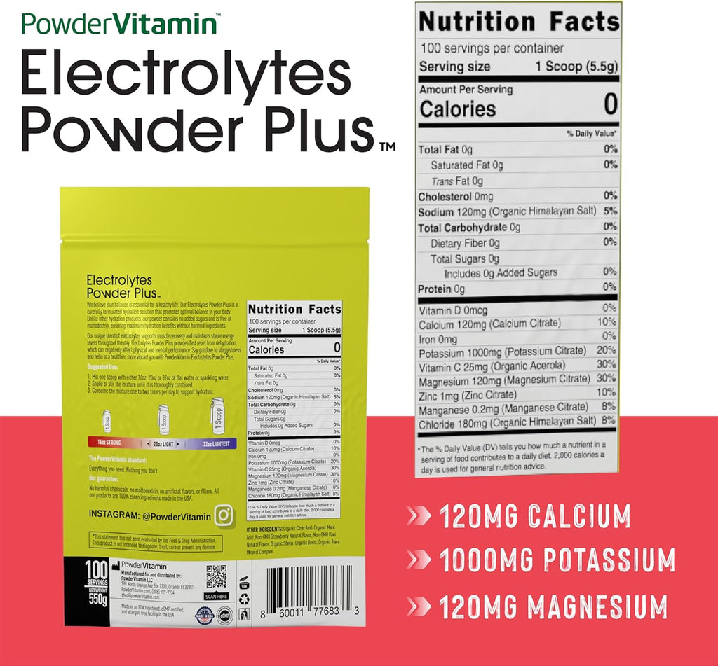 PowderVitamin Electrolytes Powder Plus (100 Servings) Strawberry Kiwi Electrolyte Powder Zero Calorie Keto,0 Sugar, No Maltodextrin,1000mg Potassium,120mg Calcium,120mg Magnesium, Hydration Powder