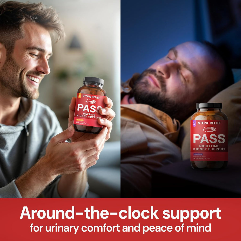 Pass Day + Night Bundle – 24/7 Herbal Kidney Support System for Urinary Comfort, Restful Sleep & Natural Wellness – Includes Guidebook & Stone Catcher – 270 Capsules Total