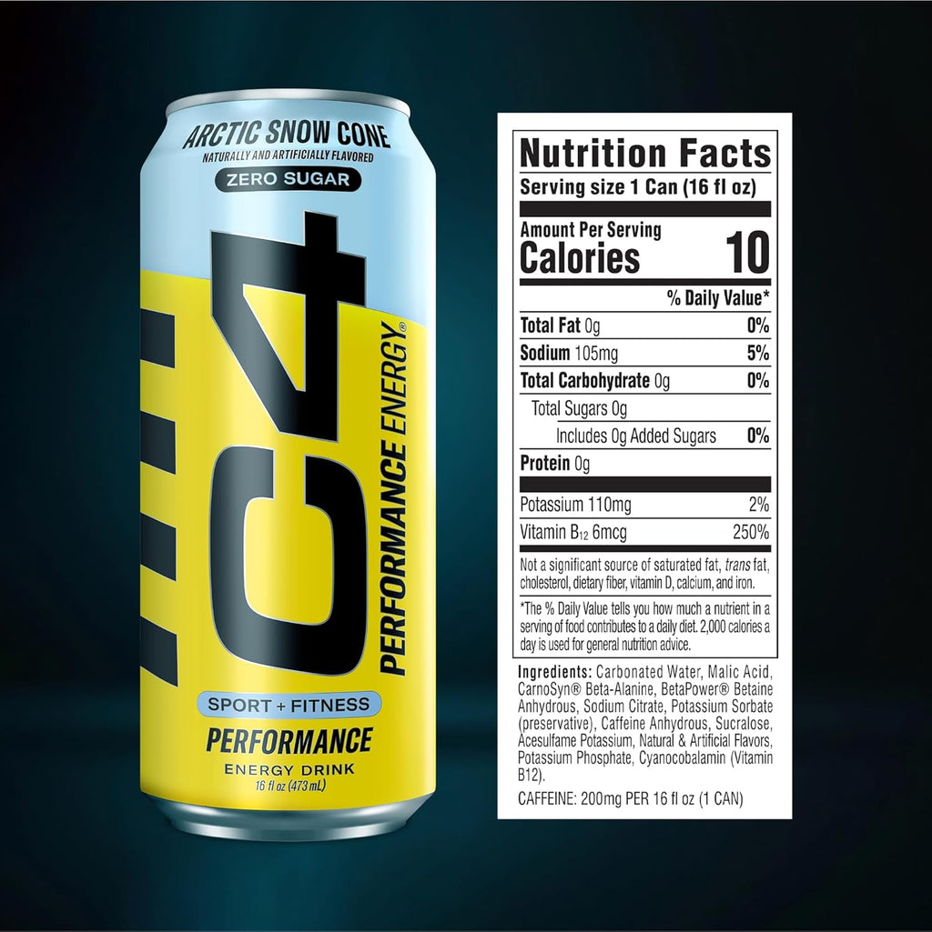 Cellucor C4 Carbonated Zero Sugar Energy Pre Workout Drink + Beta Alanine, (NEW) Sparkling Arctic Snow Cone, 16 Fl Oz, Pack of 12