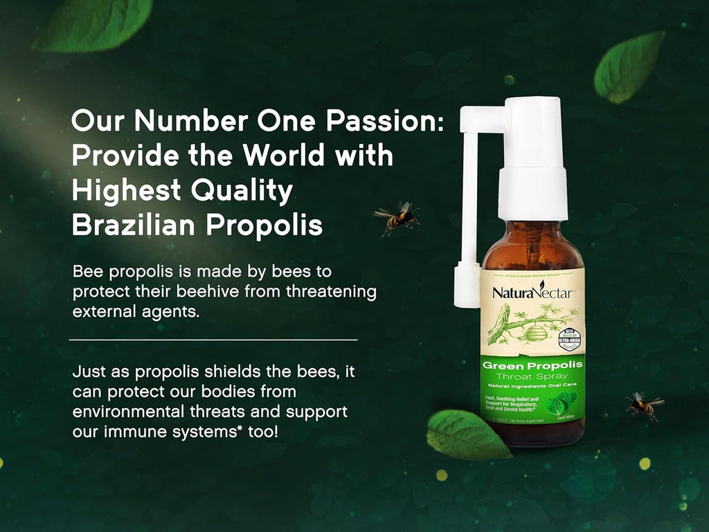 NaturaNectar - Green Propolis Throat Spray - Unique, Soothing Throat Care Relief with Brazilian Bee Propolis - Natural and Non-Alcoholic Throat Care Formula from Sustainable Beekeeping (1-Pack, 30mL)