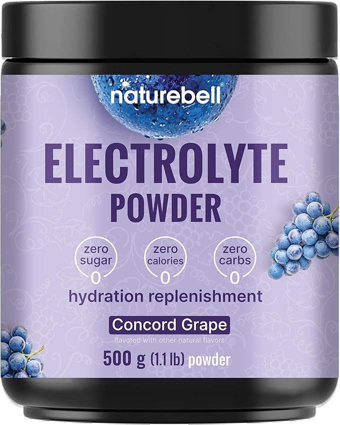 NatureBell Electrolytes Powder No Sugar, 500g (76 Servings) | Keto Fast Hydration Powder, Carnivore-Friendly Electrolyte – 1,000mg High Potassium, Minerals, & Coconut Water – Concord Grape Flavor