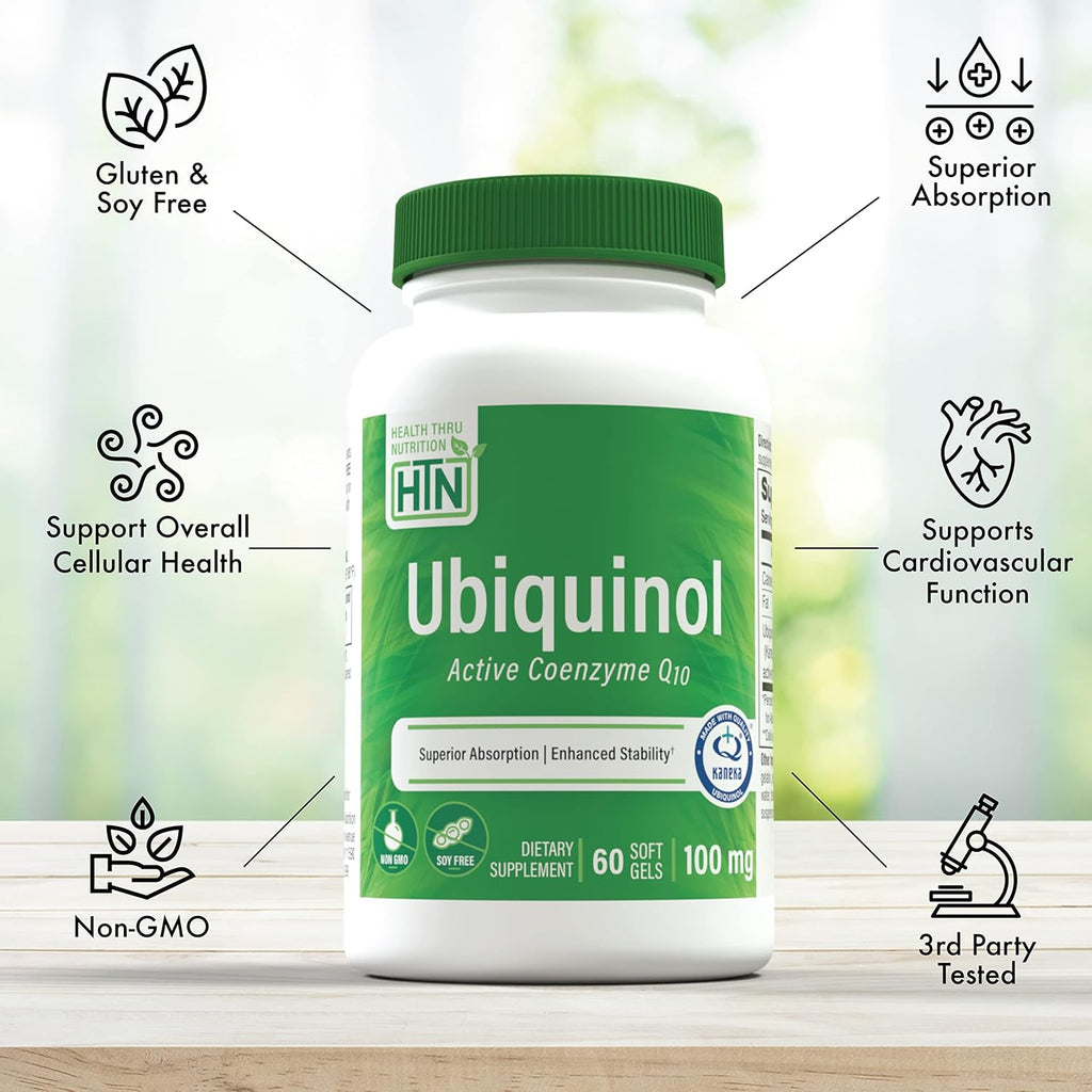 Health Thru Nutrition Ubiquinol 100mg as Kaneka QH Reduced CoQ-10 | Stabilized-3rd Party Tested | Enhanced Bioavailability | Cardiovascular & Mitochondria Function Support | (Pack of 3 60ct Bottles)