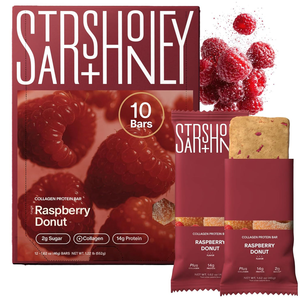 Stars + Honey Protein Bars - The Raspberry Donut, 15g Protein, 2g Sugar, w/Collagen Keto Friendly Snack - Gluten, Dairy, Seed Oil, & Soy Free - High-Protein Snacks for Energy & Recovery -10 pack