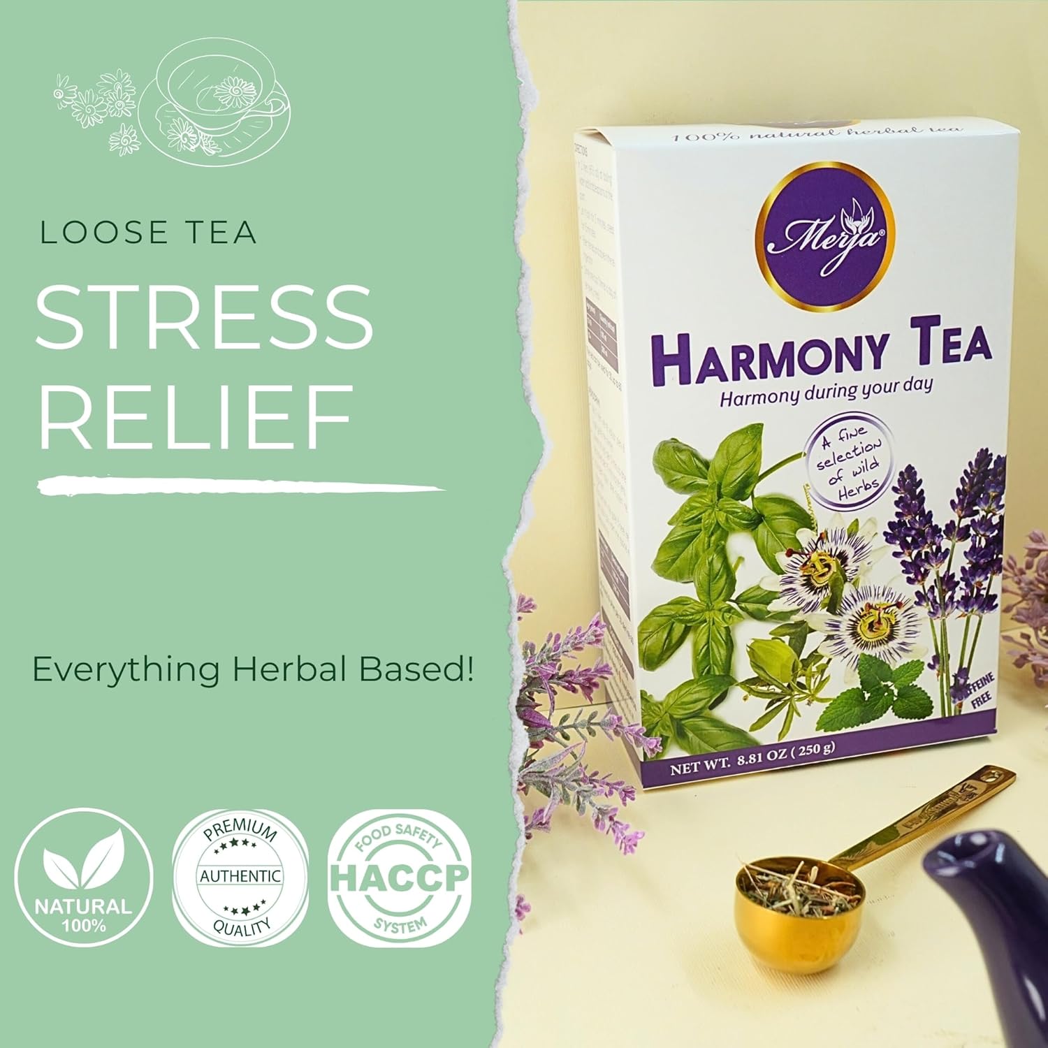 Merja Herbs Harmony Tea [250g] Caffeine-Free, Stress Relief & Memory Boost | 100% Natural Leaves Support Sleep | Herbal Teas & Beverages