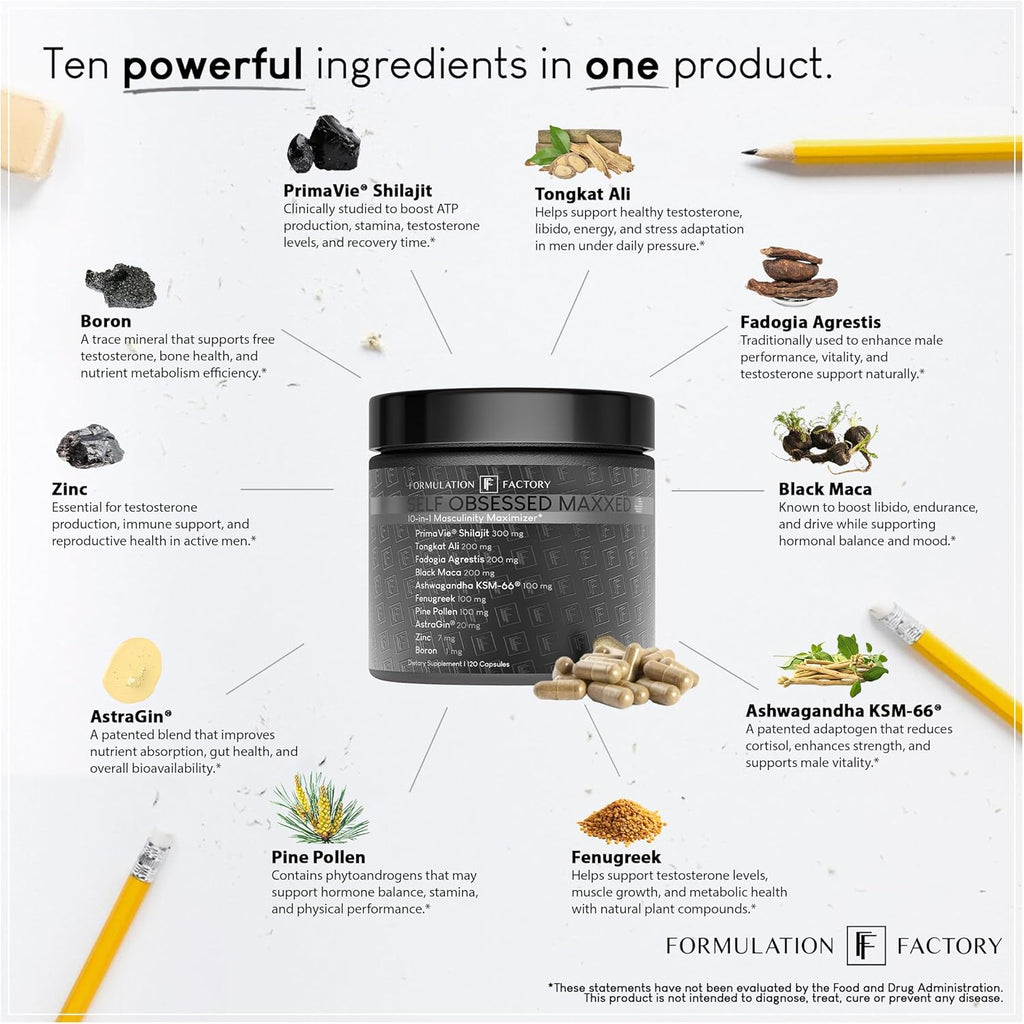 Formulation Factory Self Obsessed MAXXED 10-in-1 Men’s Vitality Supplement with Shilajit, Tongkat Ali, Ashwagandha, Maca, Fadogia, Fenugreek, Zinc, Boron & AstraGin® – 6 Month (Pack of 3)