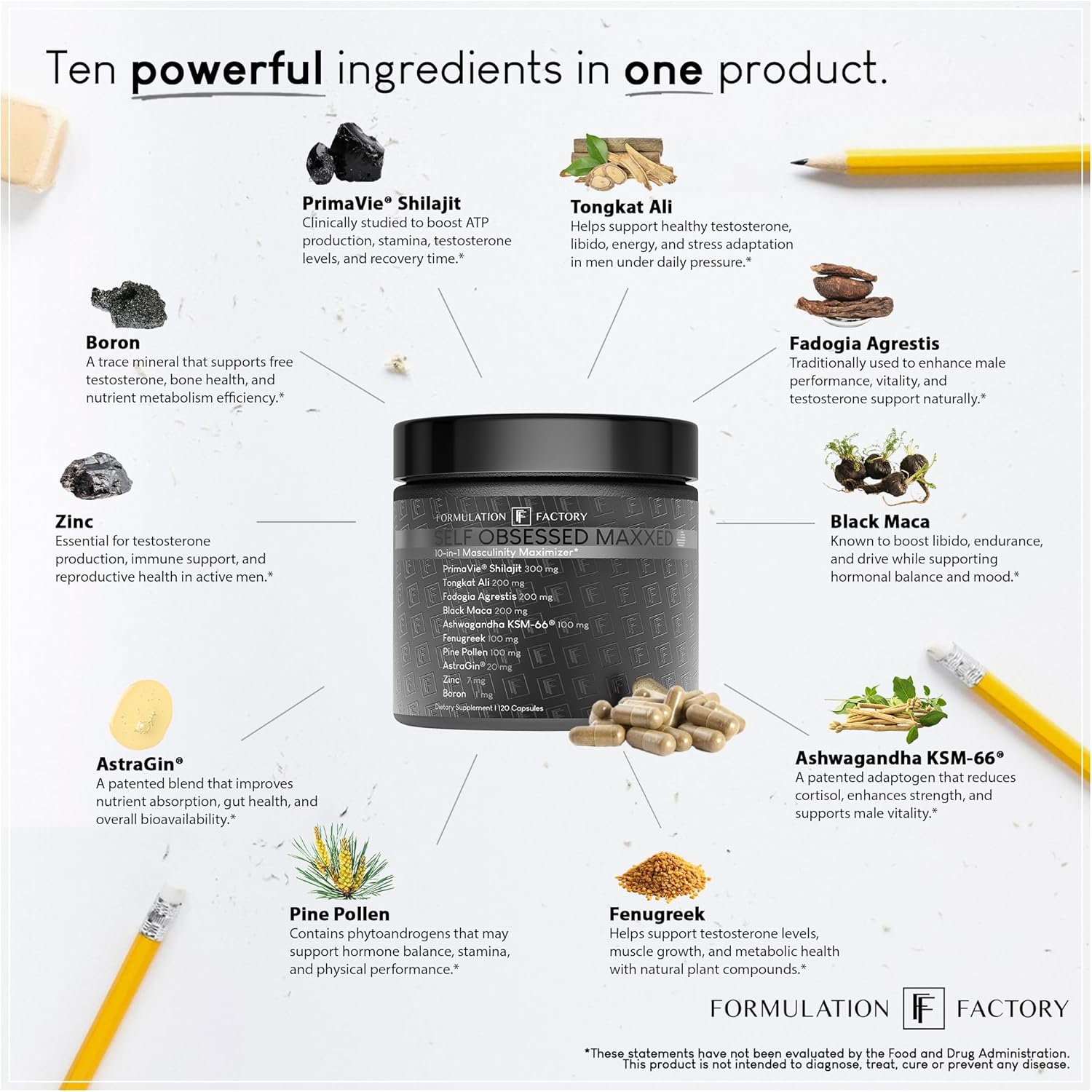 Formulation Factory Self Obsessed MAXXED 10-in-1 Men’s Vitality Supplement with Shilajit, Tongkat Ali, Ashwagandha, Maca, Fadogia, Fenugreek, Zinc, Boron & AstraGin® – 6 Month (Pack of 3)