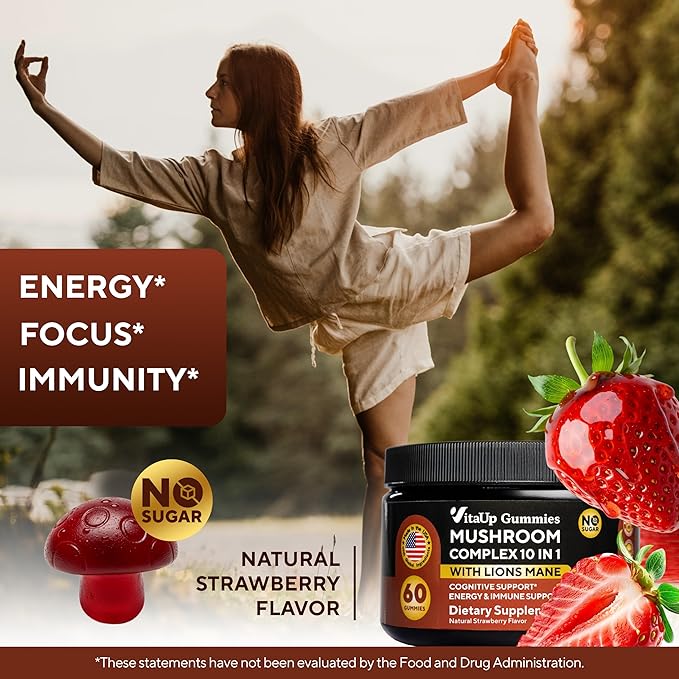 Mushroom Gummies for Adults - USA Made 10 in 1 Mushroom Supplement - Mushroom Complex with Lions Mane, Cordyceps, Turkey Tail, Reishi, Shiitake for Cognitive & Immune Support - 60 Count