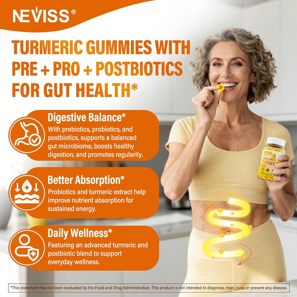 Sugar Free Turmeric Curcumin Filled Gummies 550mg for Adults, Ginger & Black Pepper | 95% Curcuminoids w/Prebiotic Probiotic & Postbiotic Blend, Support, Immune & Digestive Health, Vegan, 2Pack