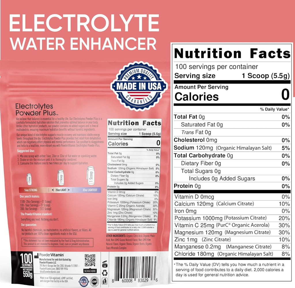 PowderVitamin Electrolytes Powder Plus (100 Servings) Guava Kiwi Electrolyte Powder, Zero Calorie, Keto, 0 Sugar, No Maltodextrin, 1000mg Potassium, 120mg Calcium, 120mg Magnesium, Hydration Powder