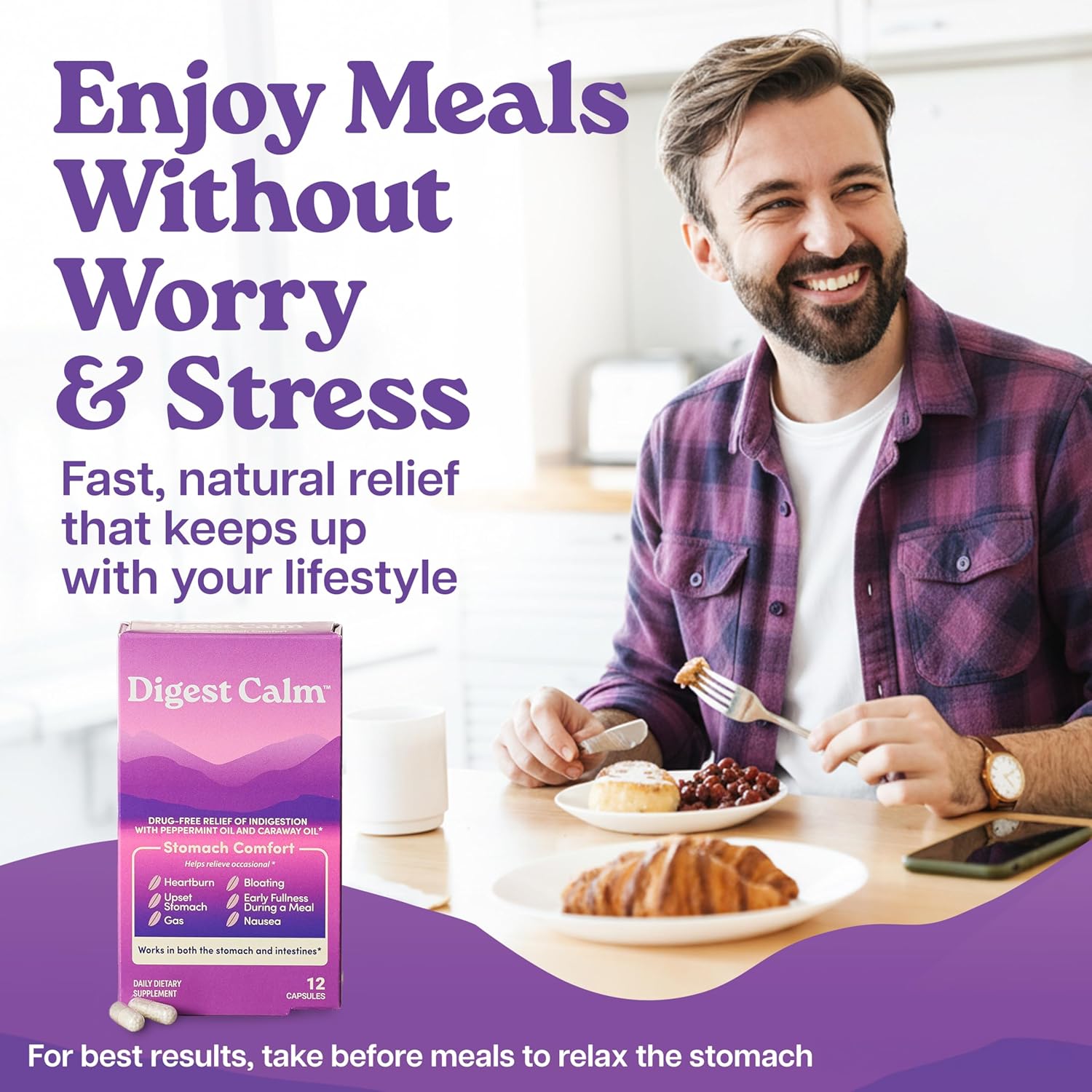 Digest Calm™ - Relief of Occasional Indigestion, Upset Stomach, Nausea, Gas, Bloating, Early Fullness - Herbal Supplement - 36 Capsules