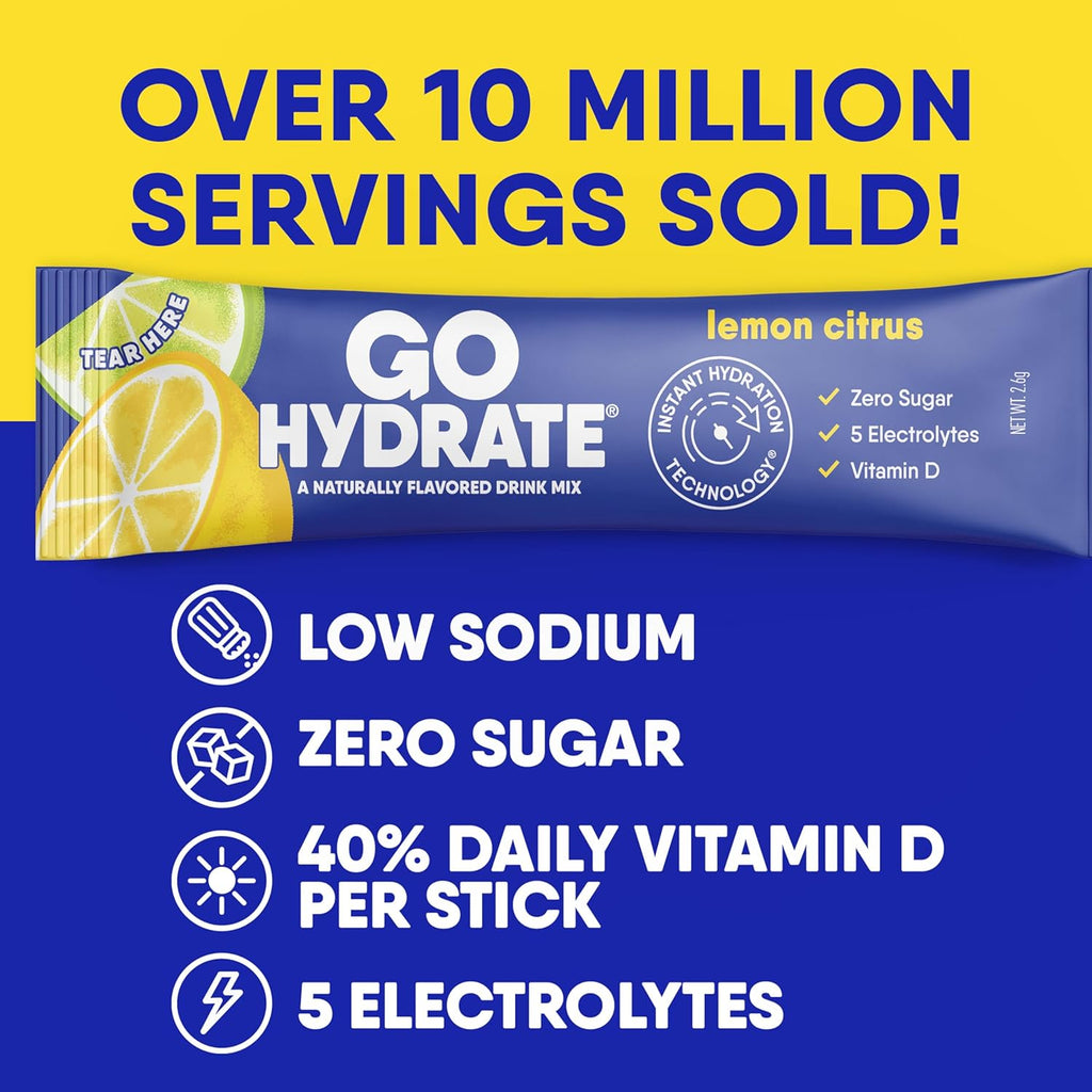GoHydrate Instant Hydration Powder Packets - Low Sodium Electrolytes Drink Mix - Natural Hydration Support, Sugar Free Electrolyte Flavored Powder Drink with Vitamin D, 30 Packs, Lemon Citrus