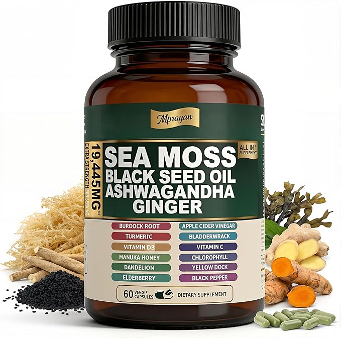 Sea Moss Capsules with Black Seed Oil, Ashwagandha & Ginger – Extra Strength 10:1 Herbal Blend with Turmeric, Burdock Root, Bladderwrack + Vitamin C & D3 – 60 Capsules (30 Servings)