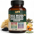 Sea Moss Capsules with Black Seed Oil, Ashwagandha & Ginger – Extra Strength 10:1 Herbal Blend with Turmeric, Burdock Root, Bladderwrack + Vitamin C & D3 – 60 Capsules (30 Servings)