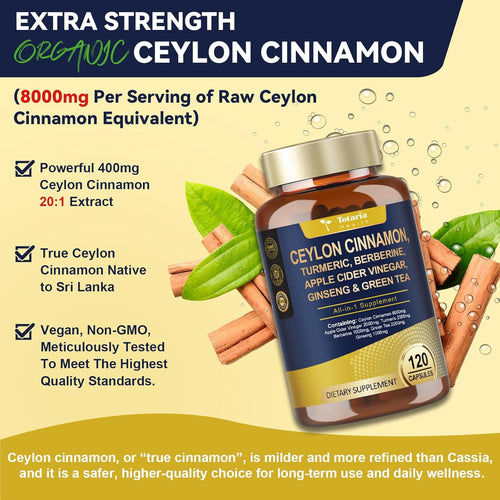 18-in-1 Organic Ceylon Cinnamon Capsules with Berberine, Ceylon Cinnamon Supplement w/Apple Cider Vinegar Turmeric Bitter Melon Milk Thistle, for Metabolism, Energy, Heart*, 120 Counts
