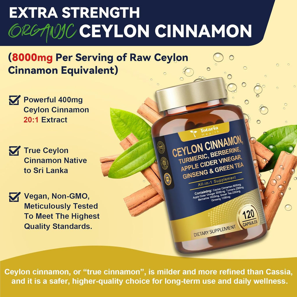 (2 Packs) 18-in-1 Organic Ceylon Cinnamon Capsules 20:1 Extract, Powerful Ceylon Cinnamon Berberine Supplement w/Apple Cider Vinegar Turmeric Bitter Melon, for Metabolism, Heart, Energy, Non-GMO