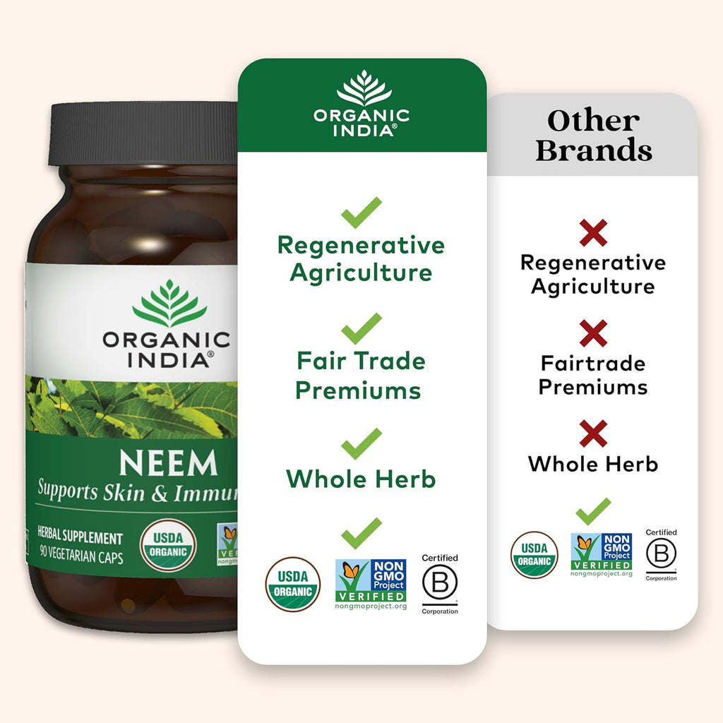 ORGANIC INDIA Neem Leaf Capsules - Herbal Supplement, Supports Skin & Immune Health, Vegan, Gluten Free, USDA Certified Organic - 90 Count