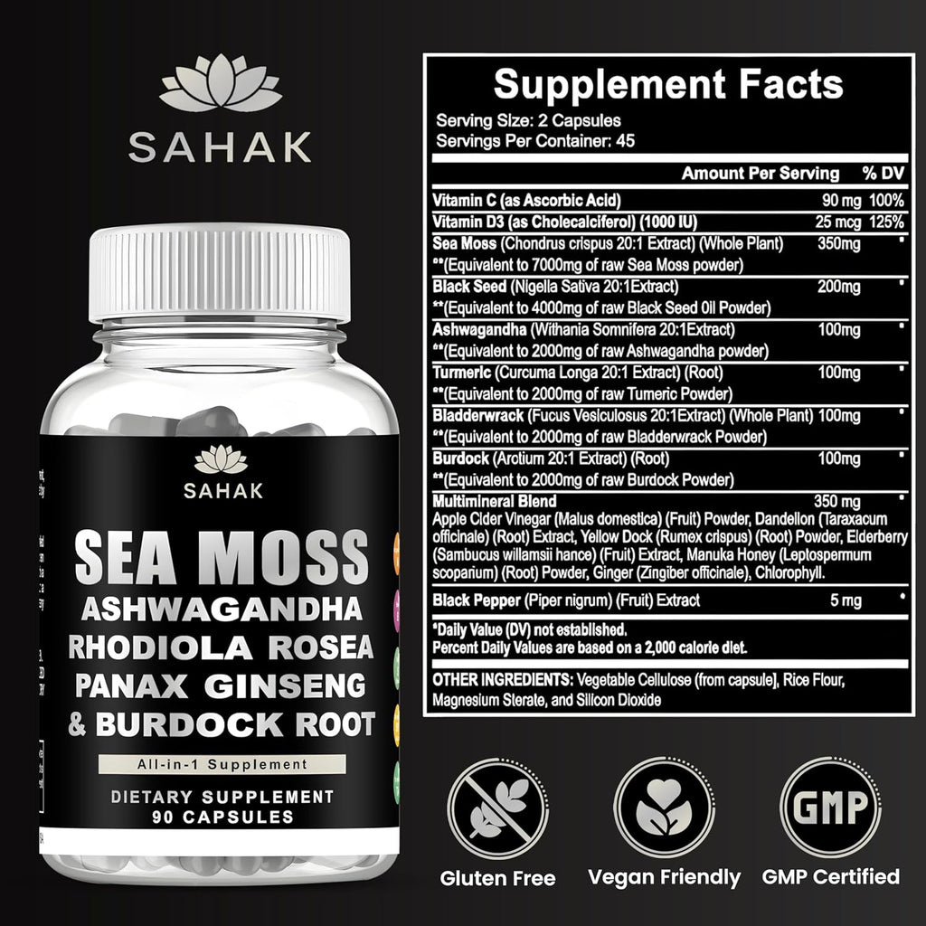 Sea Moss Capsules - Organic Irish Sea Moss with Ashwagandha, Rhodiola Rosea, Panax Ginseng, Burdock Root | Lab Tested | Immune Support, Energy, Cognition,for Women and Men - 90 Raw sea Moss Capsules